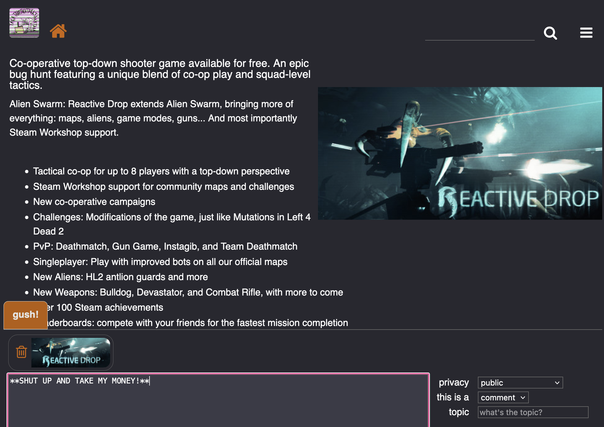 Game page for Alien Swarm: Reactive Drop where I'm starting to gush about it